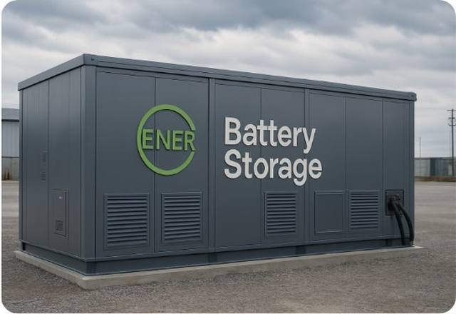 Stationärer Batteriespeicher zur Unterstützung eines gewerblichen Ladeparks.