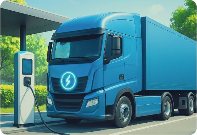 Elektrischer Lkw an einem Ladepunkt für die Flottenelektrifizierung.
